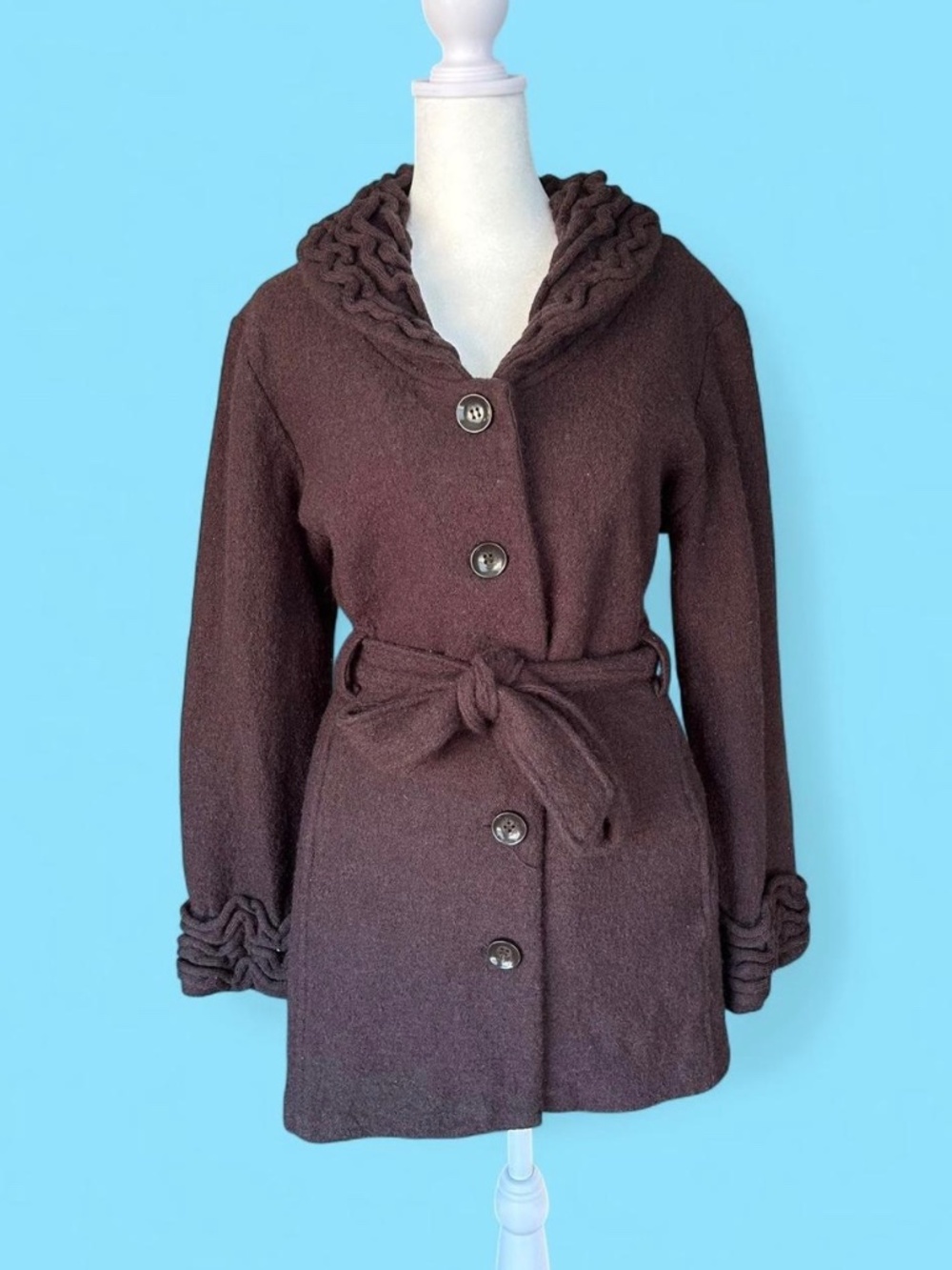 Cynthia Rowley 100% Wool Chocolate Brown Ruffle Cardigan